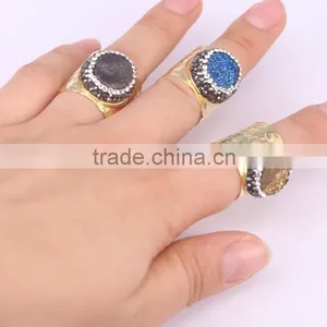 Natural Agate Stone Druzy Rings, Metal Copper Gold Plated Wide Band Crystal Zircon Paved Agate Ring thumbnail-4