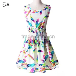 2015 Spring Summer New Korean Style Women Clothing Casual Bohemian Floral Leopard Sleeveless Vest Printed Beach Chiffon Dress thumbnail-6
