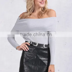 off Shoulder Elastic Spring Sweater Women Short Gray Lapel Pullover Sexy White Jumpers Autumn Knitwear Top thumbnail-1