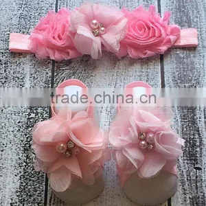 Fashionable Baby Girl Clothing Set Pink Flower Headband And Barefoot Sandal Set For Infant Fancy Kids Wear NP-G-CS905-29 thumbnail-1