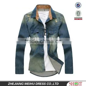 100% Cotton Dark Blue Washed Long Sleeve Casual Mens Cowboy Shirts With Two Pockets thumbnail-1