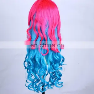 NEW Long Pink Blue Mix Cosplay Curly Wig for Women thumbnail-2