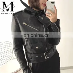 Handsome Motorcycle Spring Jacket Short Leather Zipper Jackets Leather for Women thumbnail-1