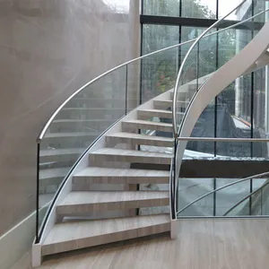 Best Selling Curved Glass Staircase With Solid Oak Wood Treads / Indoor Wood Staircase thumbnail-1
