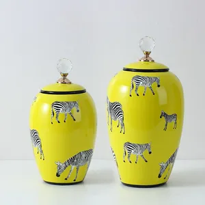 Nordic Style Modern Cylinder Tableware Yellow Zebra Painting Ceramic Flower Storage Vases With Round Crystal Lid For Dining Room thumbnail-4