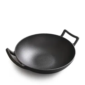 Chinese Traditional Black Round Pre-flavored Non Stick Pan 32/36cm Thickened Flat Cast Iron Wok With Double Handle thumbnail-1