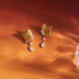 Gold Plated Stainless Steel Butterfly Drop Earrings for Women CZ Stone Dangle Earrings Waterproof Hypoallergenic Jewelry Wholesale thumbnail-5