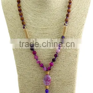 Unisex Women Wooden Beaded Necklace Gemstone Pendant Necklace With Tassel thumbnail-6