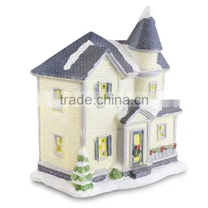 Lighted Porcelain Christmas Village Yellow House 7.5inch thumbnail-1