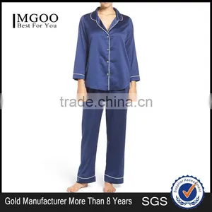 Hot Sale Women Long Pajamas Set Long Sleeve Button Top With Long Pants White Piping Pyjama Set Navy Blue thumbnail-1