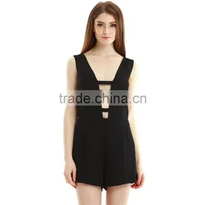 Female Sexy Deep V Neck Hollow Sleeveless Black Jumpsuit Pants Romper Short Overalls Pants thumbnail-1