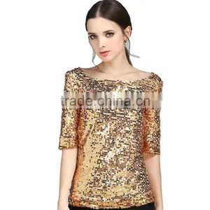 Womens Sequin Paillette Detail Golden Hot Gilrs Tight Shirt thumbnail-1