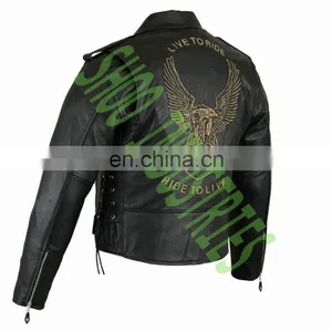 Classic BRANDO Black Blue Flame Men's Motorcycle Biker Hide Real Leather Jacket thumbnail-4