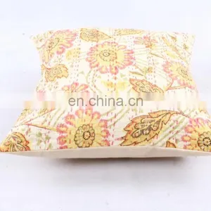 Hand Stitched Handmade Indian Cream Flowlers Floral Design Cushion Cover Decorative Pillow Cover Handmade Kantha Cushion Cover thumbnail-3