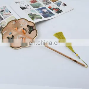 Chinese Style Multi-pattern Silk Embroidery Dual-faced Handmade Fan With Long Wooden Handle And Tassel Pendant(20*51cm) thumbnail-3