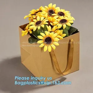 Flower Carrier Bag for Gift, Paper Bag for Carry Flower,Waterproof White Kraft Paper Flower Bag for Packing With Ribbon thumbnail-1