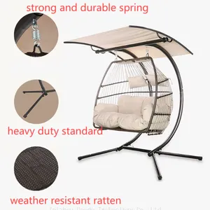 Outdoor 2-Person Patio Hanging Swing Hammock Chair Wicker Egg Chair With Canopy Cover Cushion Living Room Bedroom Courtyard Use thumbnail-3