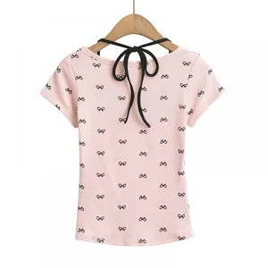 French-style Casual T-shirt With Floral Lace Trim and Bow Detailing, Featuring a Strapless Design and Short Sleeves. thumbnail-1