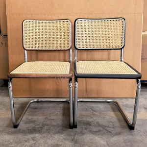 Breuer Style Rattan Dining Chair, Modern Cane Back Side Chair With Chrome Cantilever Frame for Home & Commercial Use thumbnail-3