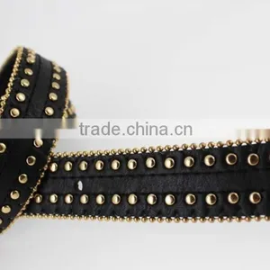 Women's Fashion Gold Metal Studded PU Black Leather Jeans Belt With Double Bean Chian thumbnail-6