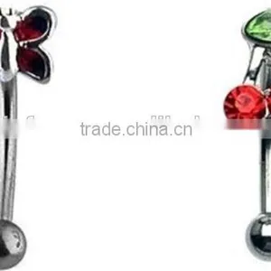 Surgical Steel Butterfly And Cherry Eyebrow Bar Ring thumbnail-1
