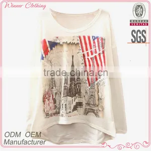 Lady Garment Clothing Manufacturer Long Sleeve Loose Fitting O-neck Shorter Front Printed T-shirt thumbnail-1