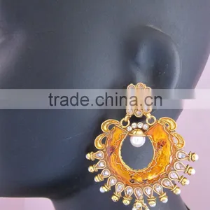 Bollywood Enamel Polki Gold Tone Dangler EARRINGS thumbnail-5
