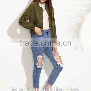 Olive Green Drop Shoulder Ladies Bomber Jacket With Zip Pocket thumbnail-1