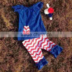 2015 New Baby Girls Kids Baby Girls Kid 4th of July Patriotic Capri Sets Ruffle Outfits With Matching Necklace and Headband Set thumbnail-1