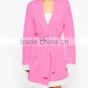 New Arrival Jersey Fabric Comfortable Fit Simple Robe Lace Trim Robe for Lady thumbnail-3