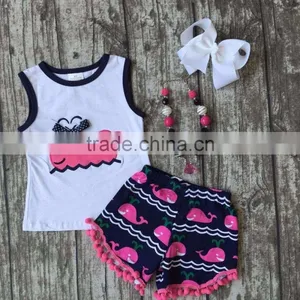 Baby Girls Shorts Sets Boutique Outfit Cute Hot Pink Whale Summer Cotton Chevron Sleeveless Clothes Macth With Necklace and Bow thumbnail-1