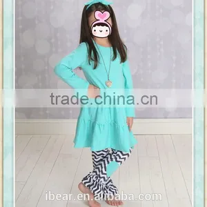 Wholesale Girls Valentines Day Outfits Children Boutique Clothing Girls Teal Dress Tunic With Chevron Heart Patch Legs thumbnail-1
