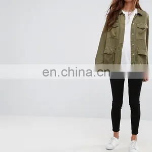 2016 Fashion Laper Collar Long Sleeve Women Army Green Front Button Jacket thumbnail-1
