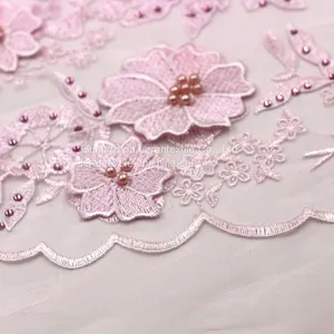 Dot Com Pink Pearls Tulle Lace Fabrics 3d Flowers Embroidery Designs African French Lace thumbnail-4