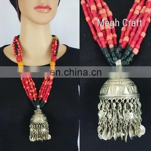 Belly Dance Costume 1960s Ethnic Statement Necklace Vintage Style Kuchi Necklace - Afghan Bib Tribal Jhummer Necklace Set thumbnail-1