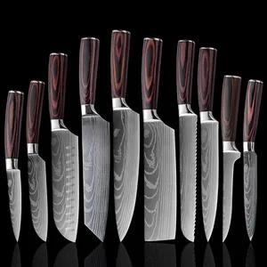 10pcs Japanese Chef Kitchen Knives Set With Damascus Pattern and Sheath Covers Professional High Carbon Stainless Steel Knife Sets for Vegetable Meat Fruit Cutting thumbnail-1