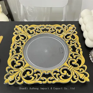 Luxury 12 Inch Gold Rim Square Plastic Charger Plate Candy Chocolate Fruit Plate for Wedding Party Event thumbnail-2