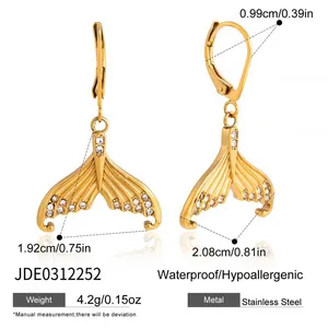 Gold Plated Stainless Steel Fan Shape Drop Earrings for Women CZ Stone Dangle Earrings Waterproof Hypoallergenic Jewelry Wholesale thumbnail-1