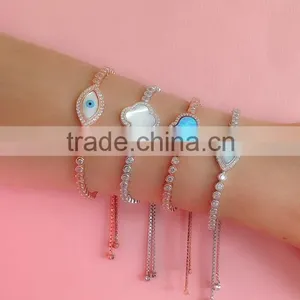 Adjustable Turkish Jewelry 925 Sterling Silver Mother of Pearl Cz Evil Eye Tennis Bracelet thumbnail-3