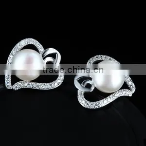 925 Sterling Silver Heart Shaped and White Pearl Bar Setting Ear Studs thumbnail-4