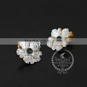 925 Sterling Solid Silver Peony Flower Green Yellow and Blue Tourmaline Earring Stud Fashion Women Earring DIY Jewelry 6730608 thumbnail-2