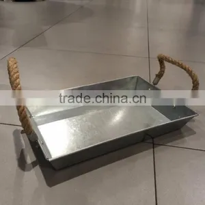 Rope Handle Antique Metal Serving Tray Rectangle Galvanized Serving Tray thumbnail-2