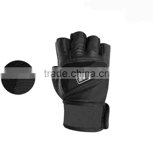WEIGHT LIFTING GLOVES LEATHER GYM LONG STRAP WORKOUT BODY BUILDING GLOVES BLACK thumbnail-3