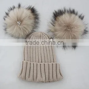Myfur Cute Double Raccoon Fur Pom Poms Attached Ribbed Knitting Hat Wholesale thumbnail-5