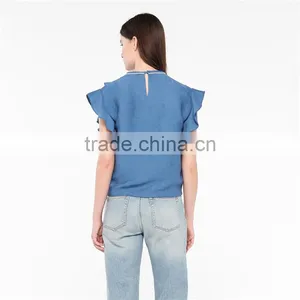 2017 OEM Slightly Ruffled Shoulders Beaded Neckline Blouse Tops thumbnail-3