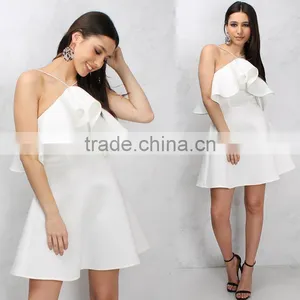 Halter Neck Women's Frill Skater Dress 2018 White Falbala Short Prom Dresses thumbnail-4