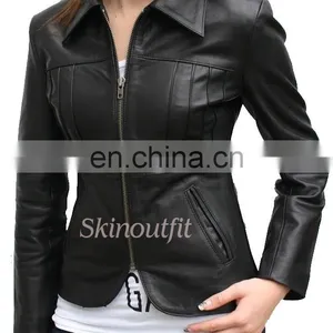 Black Leather Jacket for Woman 100% Pure Cow Skin thumbnail-1