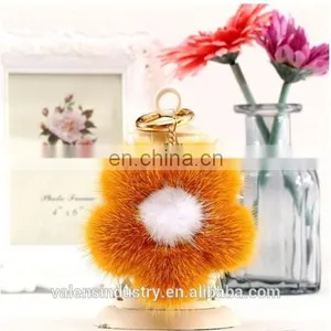 Hot High Quality Custom Flower Shape Fox/Rabbit Fur Pom Pom Ball Keychain Pom Poms Pendant for Woman Cellphone/handbag/hats/Car thumbnail-1