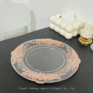 Luxury 13 Inch Round Rose Gold Bronzing Flower Plastic Charger Plate For Wedding Party thumbnail-1