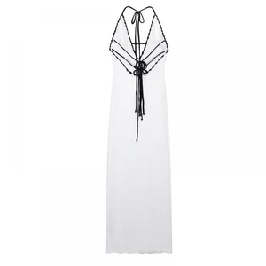 Ins European and American V-neck Hanging Neck Backless Knitted Beach Dress With Hollow Out Sexy Slim Fit Strap Beach Dress, Long Skirt for Women thumbnail-4